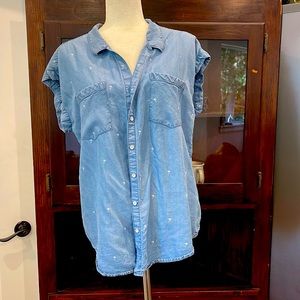 Blue chambray chief with chia hire palm trees.